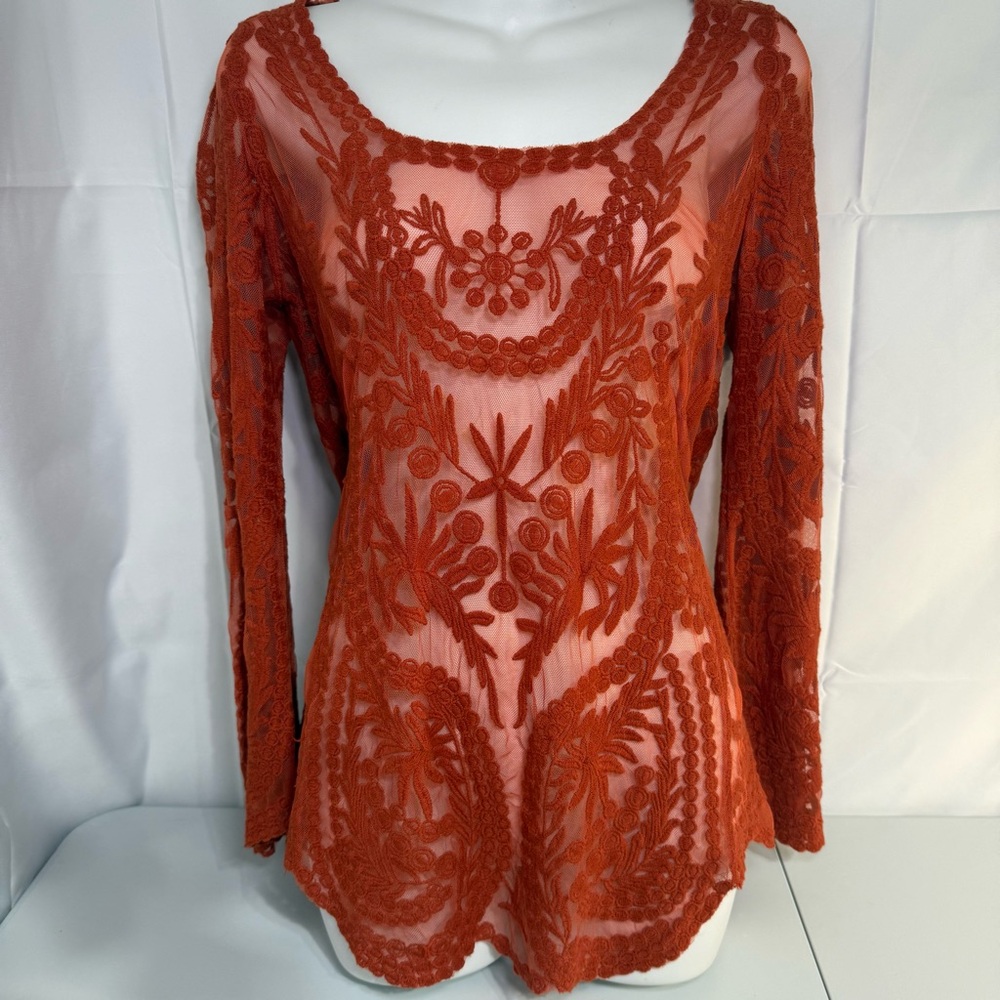 Umgee Burnt Orange Lace Sheer Boho Tunic Top Bell Sleeve M/L - Picture 2 of 11